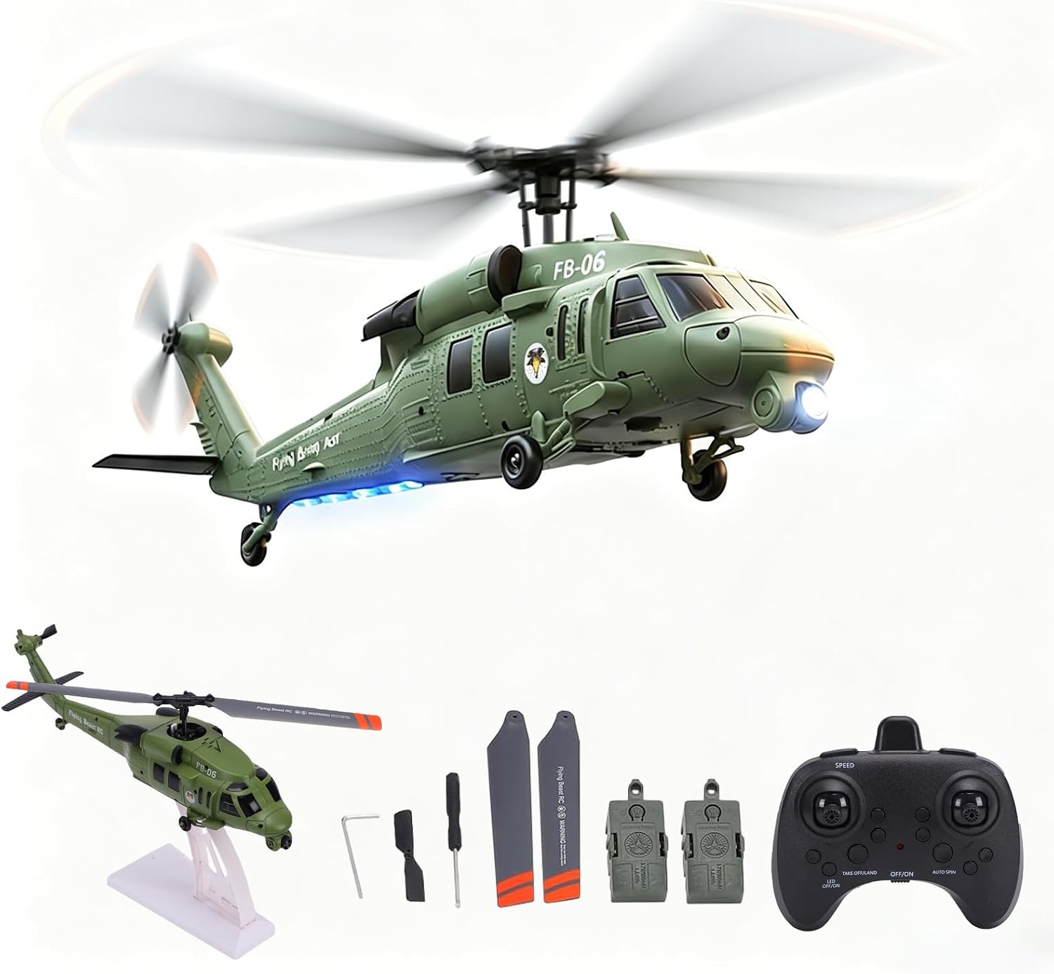 FB06 RC Helicopter, 4CH Single Rotor Remote Control Helicopters with Altitude Hold, One Key Takeoff Landing, Optical Flow Position, Simulated Military Model Helicopter for Adults