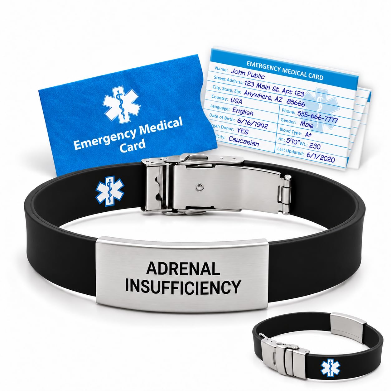 Bracelet d'identification médicale réversible « Insuffisance surrénale » pour homme et femme