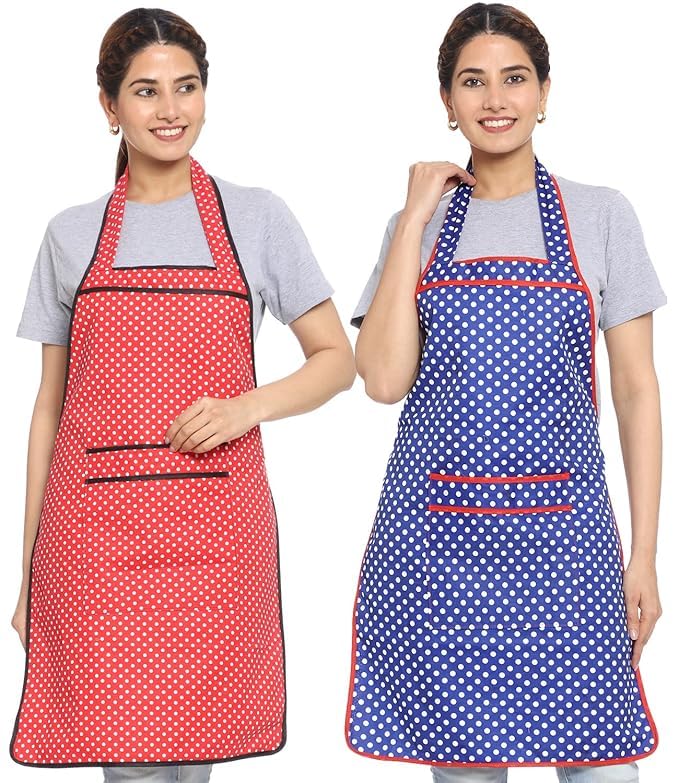 JMi Cotton Waterproof Kitchen Apron for Cooking – Washable Chef Apron for Men & Women | Printed, Polka Dot, Plus Size, Home & Cleaning Apron RED & BLUE (Free, MULTI - 1, 2)