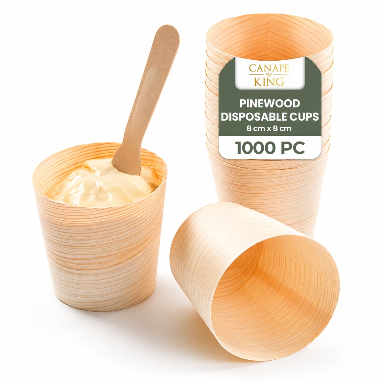 Canape King Pinewood Disposable Cups - Biodegradable Natural Wooden Desert and Fries Serving Tableware - Great for Christmas Wedding Parties and Buffet (1000, 8 cm x 8 cm) — image 1