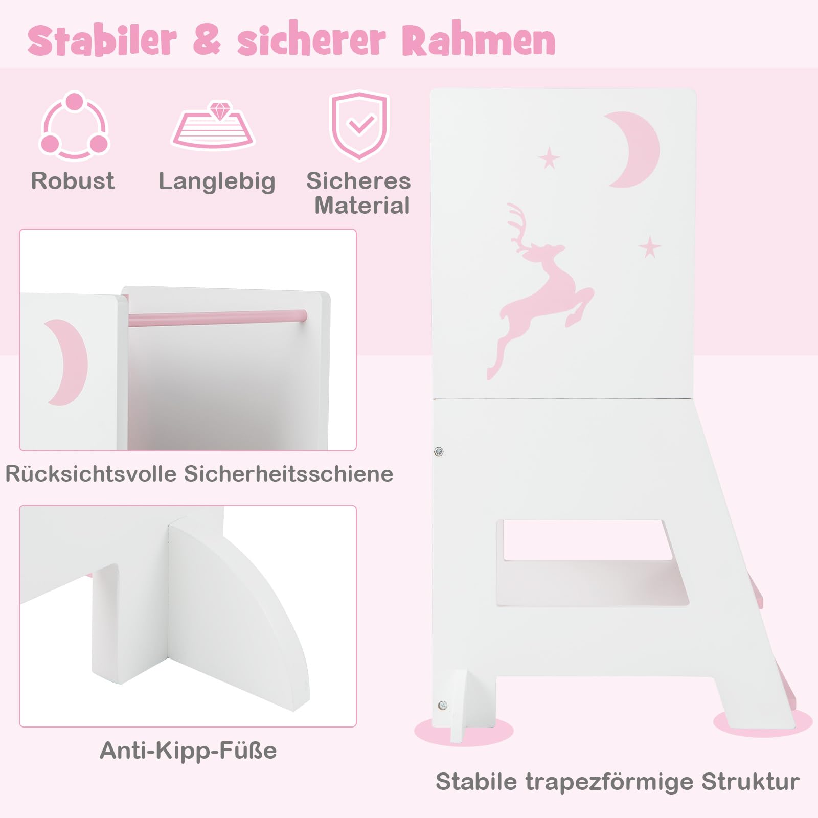 DREAMADE 2-in-1 Lernturm mit Tafel, Höhenverstellbarer Tritthocker aus Holz, Kinder Kreidetafel mit 3 Bunten Marker, Kinderlernturm ab 1 Jahr, belastbar bis 70kg (Weiß + Pink)