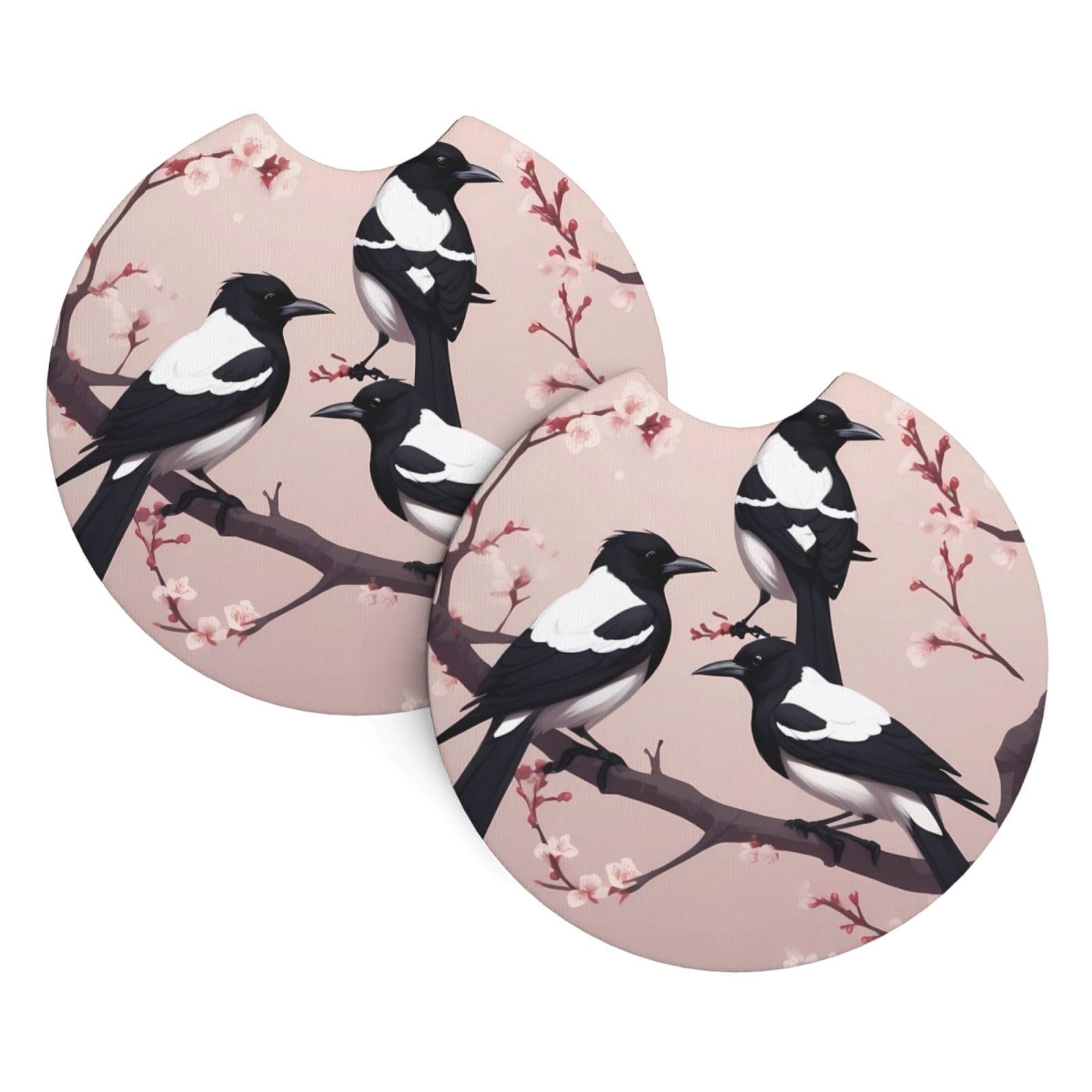 HJFCZH Magpies On Plum Blossoms Printed Car Coaster Set of 2 - Waterproof Rubber Cup Holder Protectors for Cars, Trucks & SUVs