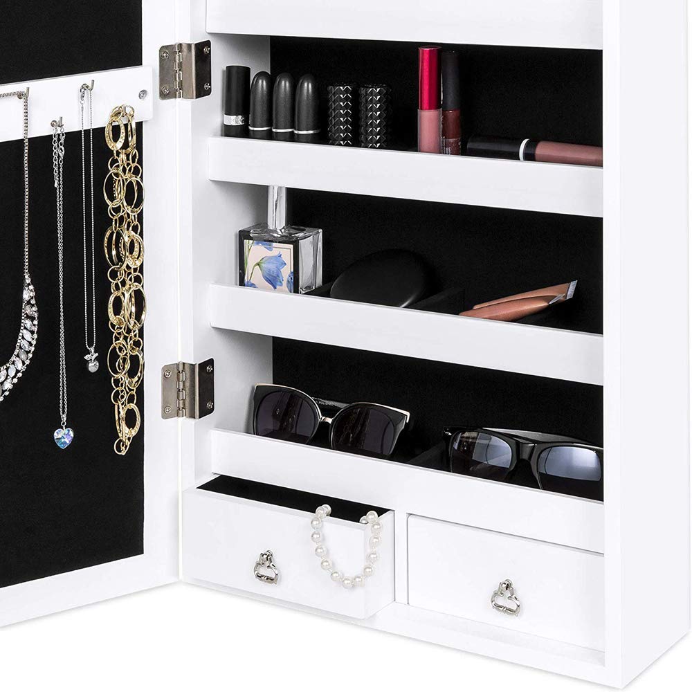 MTFY LED Jewelry Cabinet, Lockable Mirrored Jewelry Armoire, Lockable, Wall-Mounted Door Hanging Jewelry Storage Organizer Cabinet