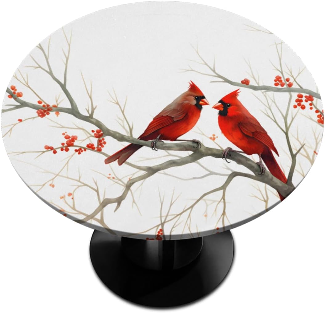 Round Fitted Tablecloth with Elastic Winter Tree Christmas Bird Round Elastic Table Cloth Polyester Fitted Tablecloth 45"-56" Waterproof Spill Proof Table Cover for Dining Room Kitchen Patio