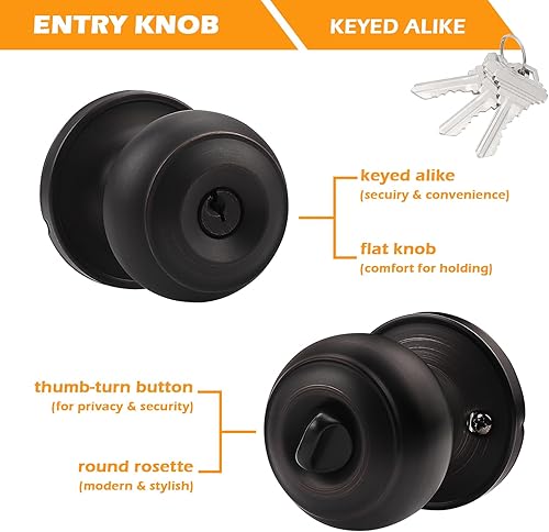 Miniatura 5 de Gobrico 2 llaves iguales para puerta de entrada, cerradura de manija con la misma llave con acabado de bronce aceitado