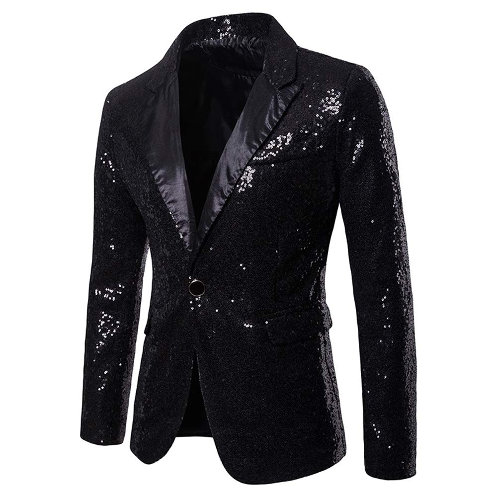 Annstar Mens Sequin One Button Fit Suit Jacket Metallic Casual Blazer Nightclub Style Long Sleeve Shiny Dance Tops Disco Varsity Bomber Shirt Party Costume(2XL, Black)