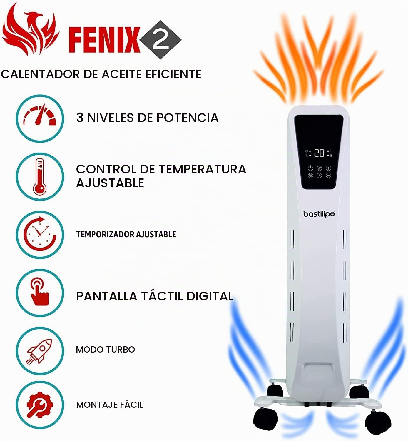 Bastilipo - Fenix2-2000, Radiador de aceite - 2000W potencia - Pantalla LED táctil - 3 niveles de potencia - Efecto Chimenea - 9 Elementos, color blanco