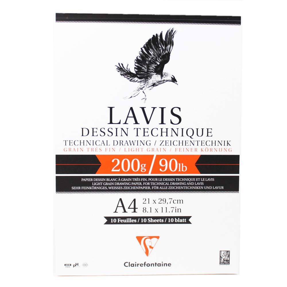 Clairefontaine - Ref 96341C - Lavis Dessin Technique Drawing Pad (10 Sheets) - A4 (297 x 210mm) Size, 200gsm Paper, Smooth Surface with Light Grain, Acid Free, pH Neutral