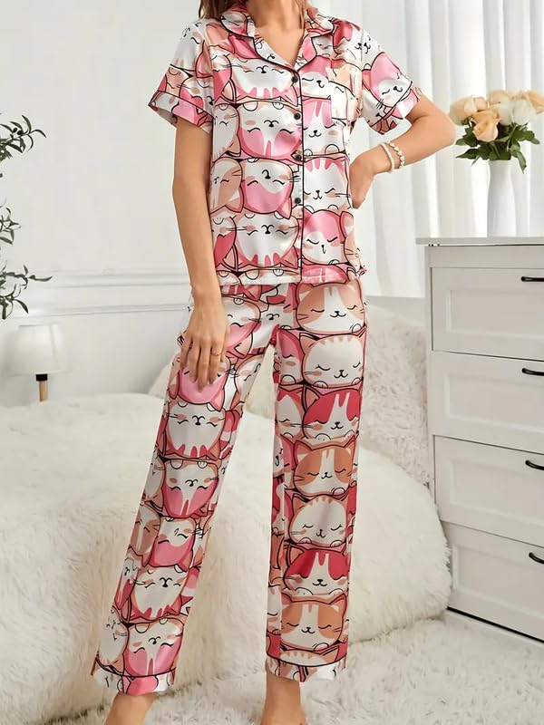 Image of Night Suit for Women with Full Sleeve Button-Down Top with Pant Dress for Woman, Night Dress for Woman, Cotton Two-Piece Loungewear Set