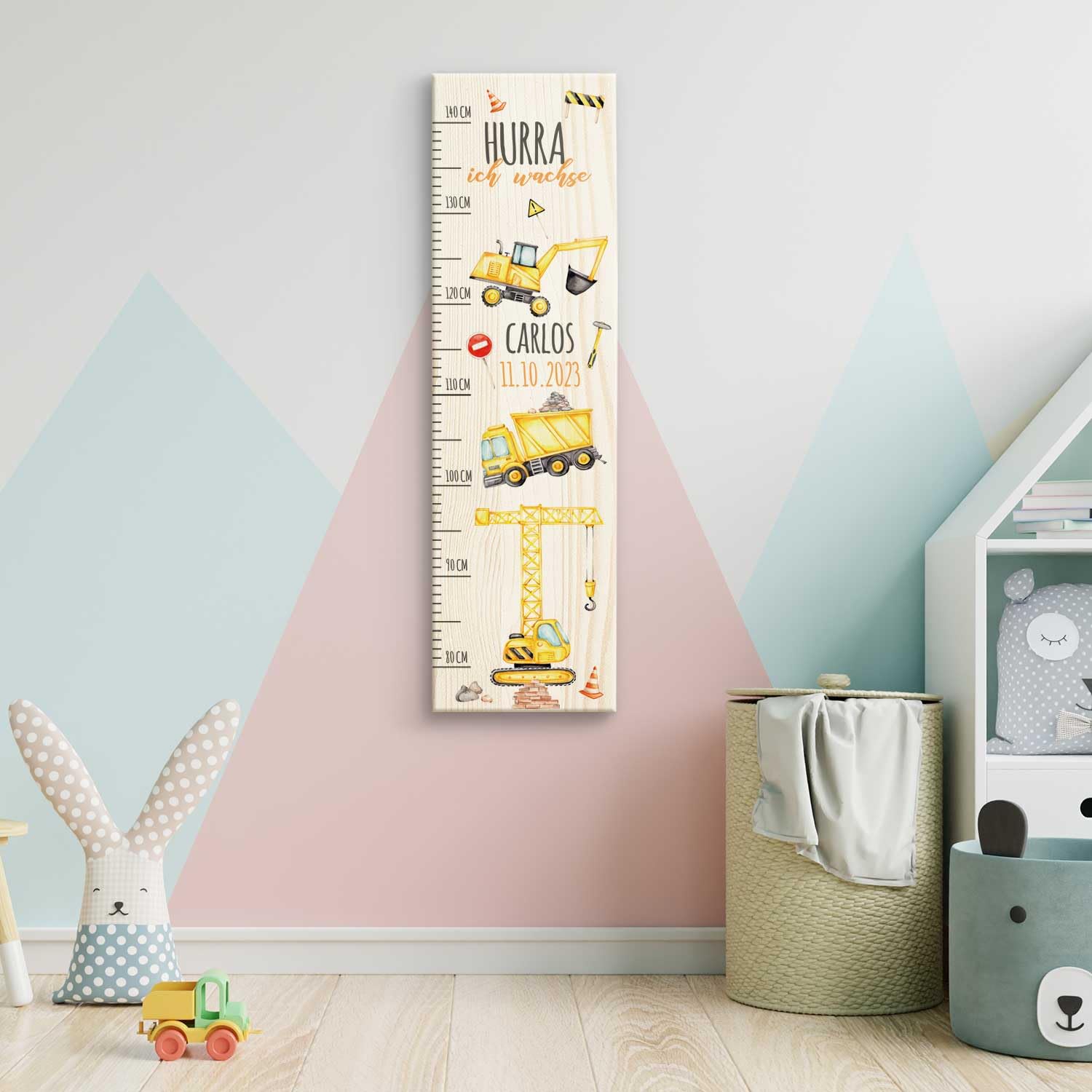 GRAVURZEILE Messlatte für Kinder aus Holz - Baustellen Design - mit Namen für Kinderzimmer - Skala misst 80-140 cm - Größe 20 x 70 x 2 cm - Geschenk zur Geburt für Mädchen & Jungen