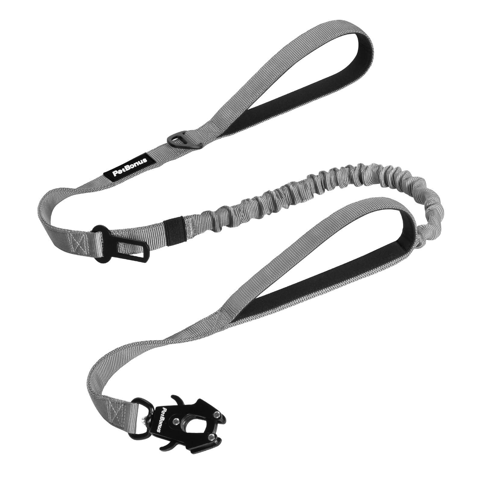 PetBonus Heavy Duty Tactical Dog Lead, 150 cm Bungee Shock Absorption Lead with 2 Padded Handles, Quick Release Metal Clip, Car Seatbelt, No Pull Training Leash for Large Medium Dogs（Grey）