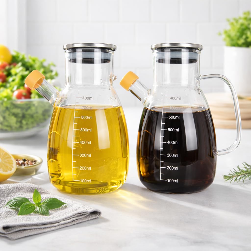 Eden & Willow Set 2 (550Ml) Glass Olive Oil Bottle, Vinegar Cruet Bottle With Non-Drip Spout – Kitchen Cooking Oil Dispenser Drizzler With Stainless Steel Lid And Handle