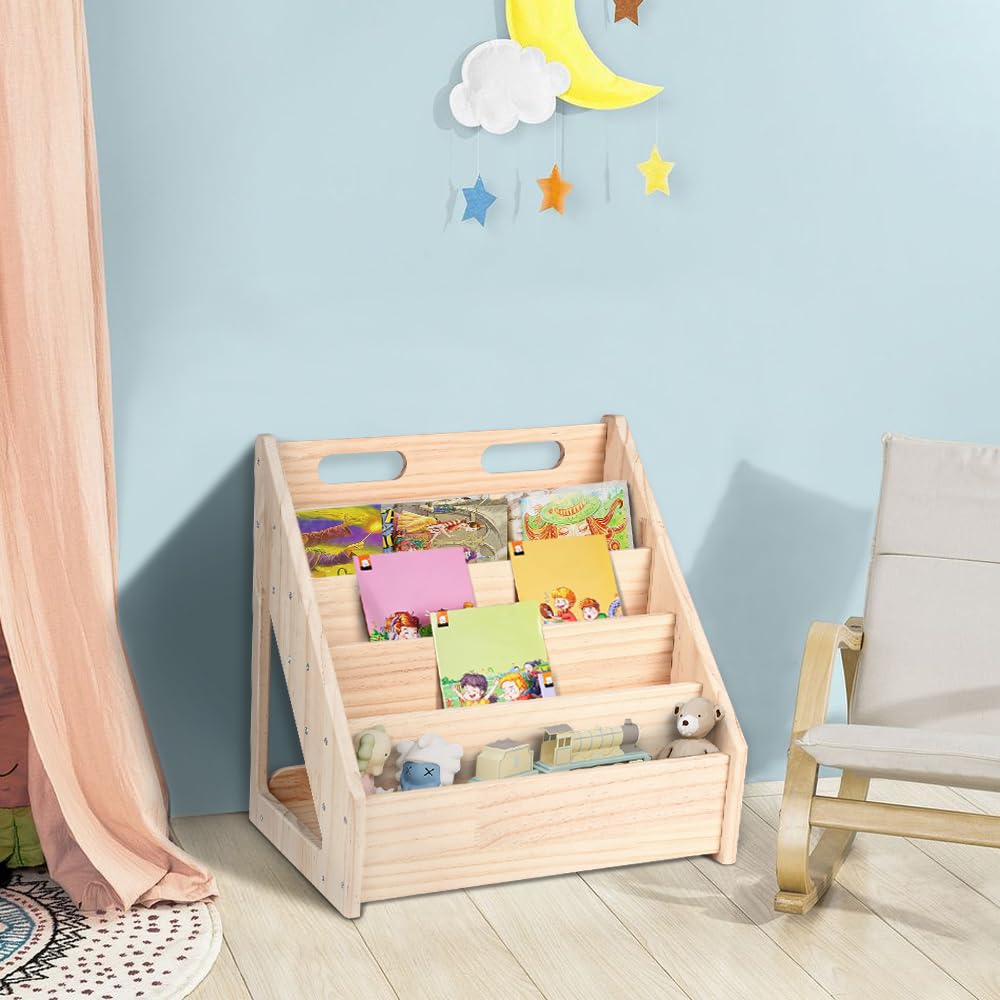 Regał dziecięcy z naturalnego drewna, 5+1 poziomy regał na książki do przechowywania zabawek/książek, mały regał Montessorian 6 poziomów, drewno 42 x 30 x 42 cm