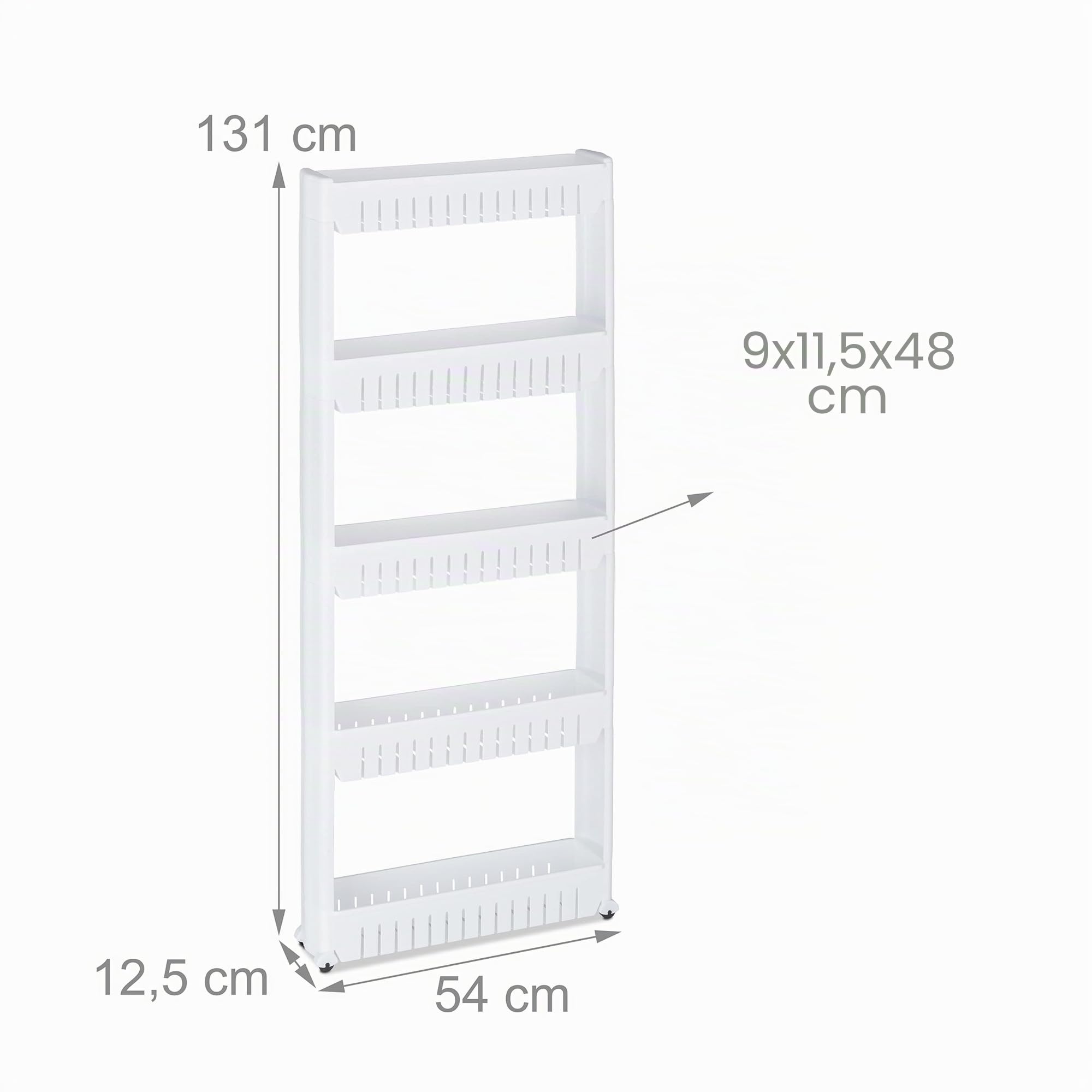 Relaxdays Mobile Salvaspazio, 5 Ripiani, Scaffale Stretto per Bagno & Cucina, Carrello Portaoggetti in Plastica, Bianco