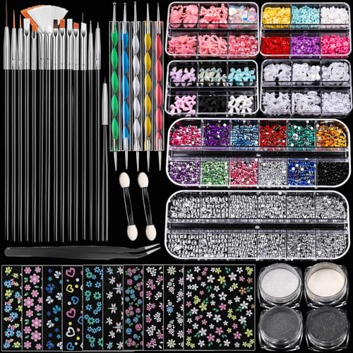 FANDAMEI Nail Art Brushes Set, Nail Art Kits, 3D Nail Charms Nail Design Tools Kit, Nail Set for Beginners ,Nail Dotting Tool, Nail Rhinestones,Chrome Nail Powder,Nail Stickers Nail Art Decoration Kit