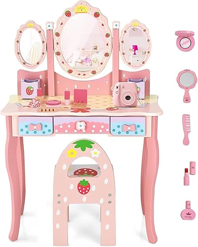 HONEY JOY Vanity - Juego de tocador y silla de madera de princesa de fresa con espejo ovalado de tres pliegues y accesorios de vidrio real, parte