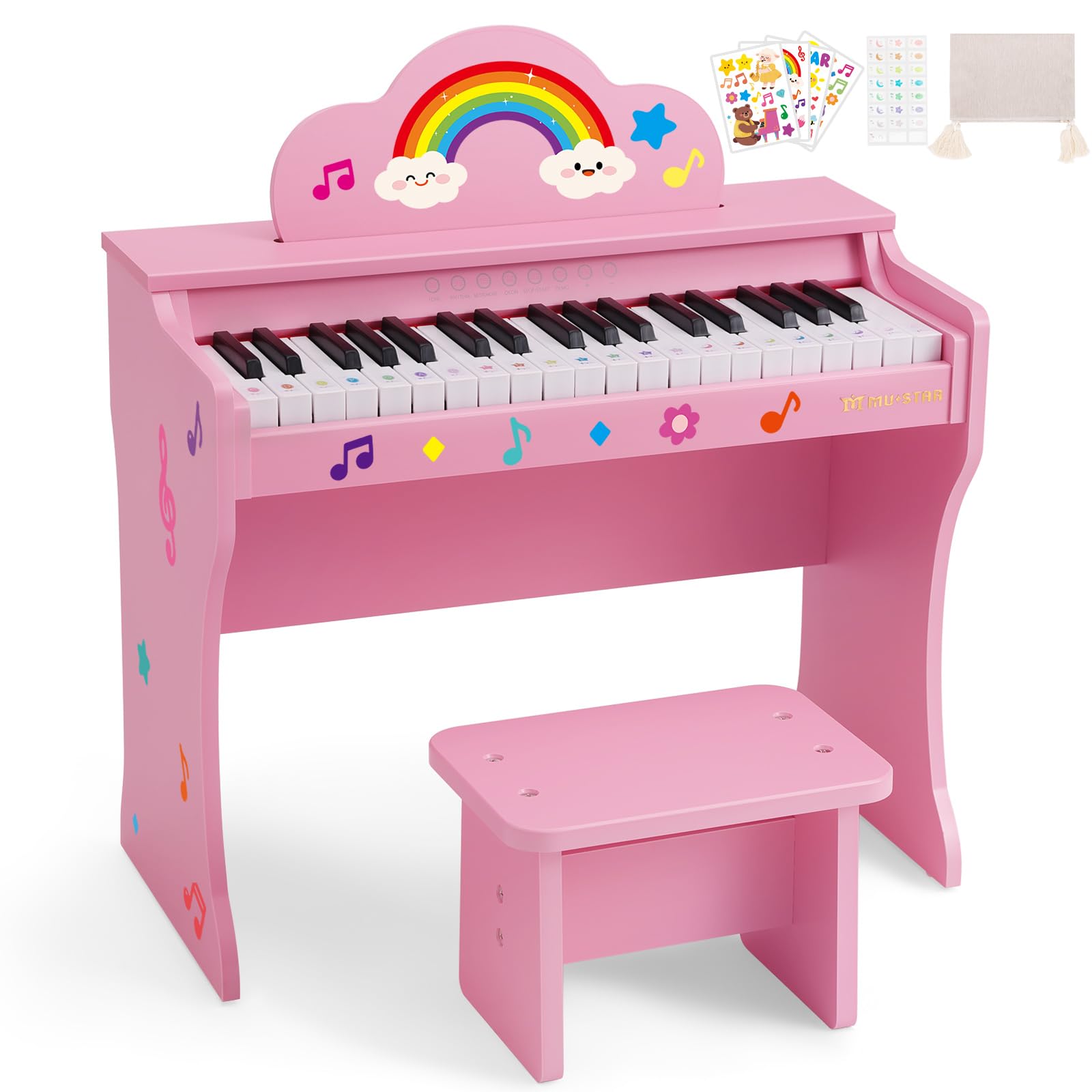 Kids Piano Keyboard, 37 Keys Wood Digital Piano for Kids with Bench,Song Book, DIY Stickers, Cover, Education Creative Musical Instruments Toy for Boys & Grils Gifts (Pink-2)