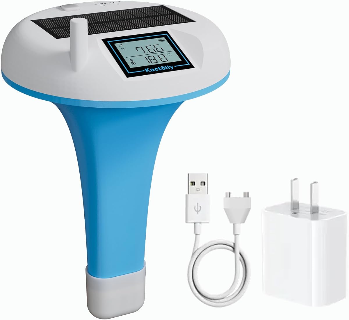 Probador solar de agua para piscinas, termómetro digital flotante para piscinas con monitoreo de temperatura y pH 24 horas al día, 7 días a la semana, pantalla HD de fácil lectura, recargable por energía solar y USB, resistente al agua IP68 para piscinas, jacuzzis y spas.