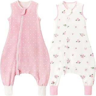 2er 1 TOG Premium Qualität Schlafsack mit Füßen, 100% Baumwolle Ganzjahres Super Weich Schlafsack mit Beinen, Blume und Rosa, Größe L