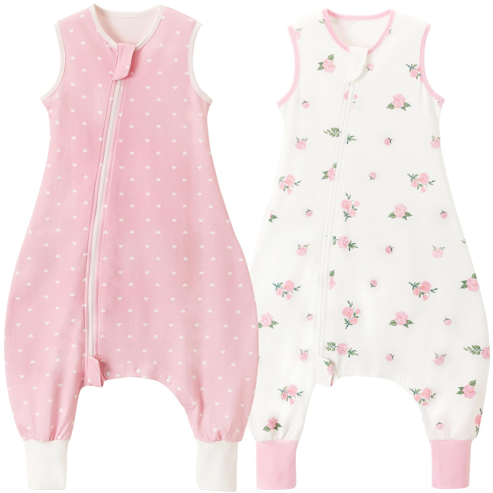 Nivolltha 2 Pack Super Soft Baby Sleeping Bag with Feet 1 TOG, 100% Cotton Spring & Autumn Toddler Sleep Sack, Bloom & Pink, Size L