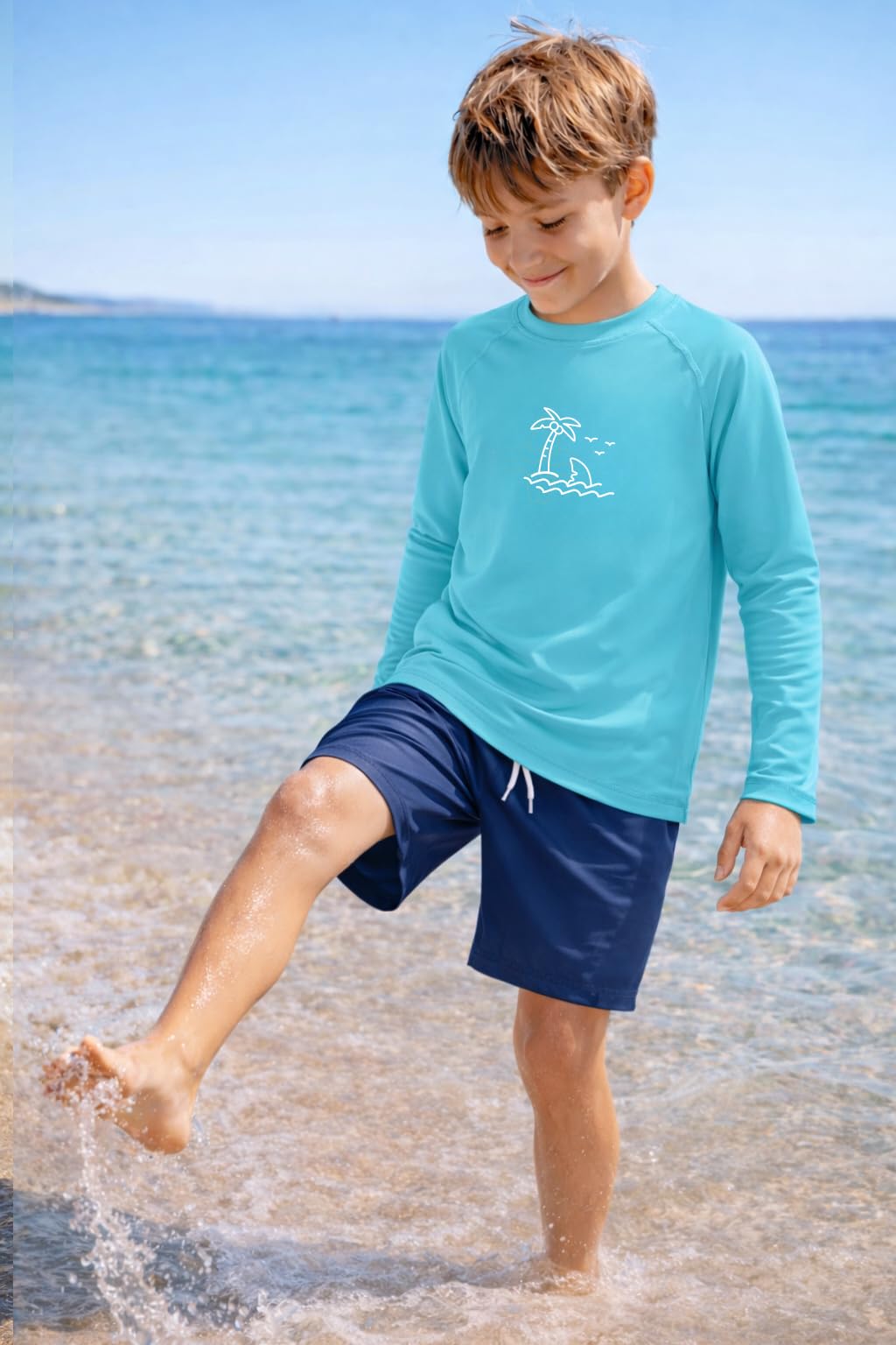 Koszulka chłopięca Rashguard, okrągły dekolt, koszulka do pływania, z długim rękawem, odporna na promieniowanie UV, oddychająca koszulka kąpielowa, 104-152