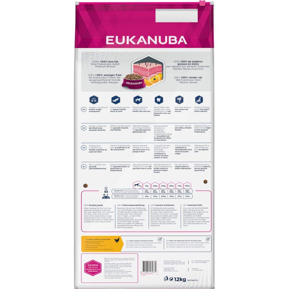 Eukanuba Daily Care Overweight / Sterilised Trockenfutter – Fettarmes Spezialfutter für übergewichtige oder kastrierte Hunde, 12 kg