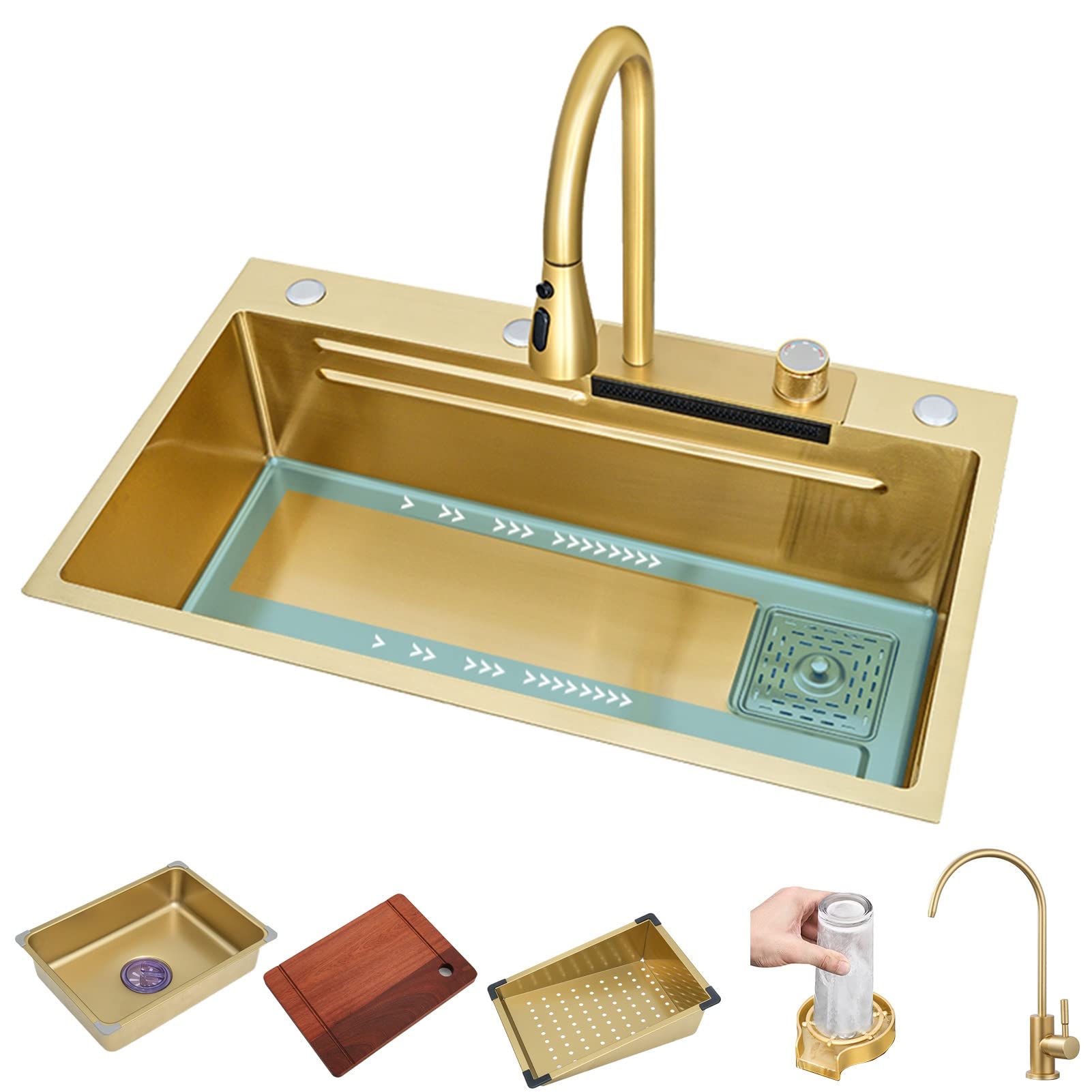 Gljtuo Gold Stainless Steel Kitchen Sink With Waterfall Tap, Single Bowl Set For Home Use, Includes Pressure Washer, Chopping Board, Drip Basket & Accessories,-68X45cm