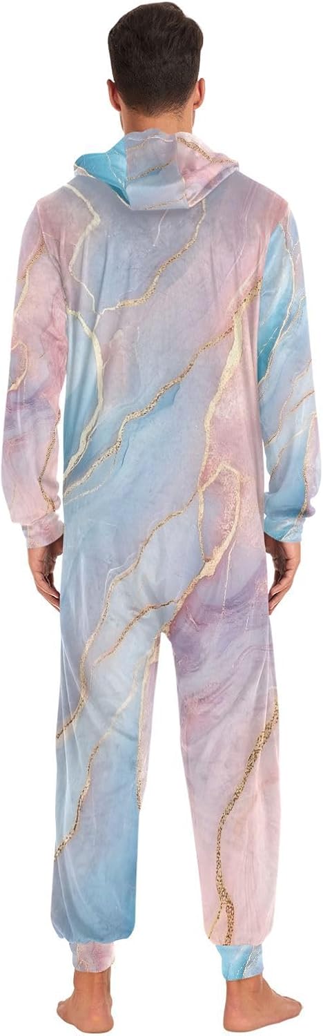 Marble Pink Blue Gradient Gold Unisex Adult Onesie Pajamas Comfy One Piece Costume Jumpsuits Novelty Sleepwear Homewear for Men Women