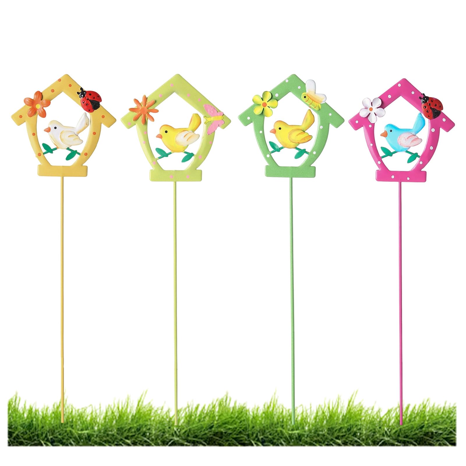 3/4/6 Pcs Decorative Garden Stakes, Metal Watering Can Stakes Ornaments for Yard Flower Pot, Waterproof Decorative Plant Pot Sticks for Outdoor Lawn Patio Pathway Planter Decoration (4 Pcs - I)