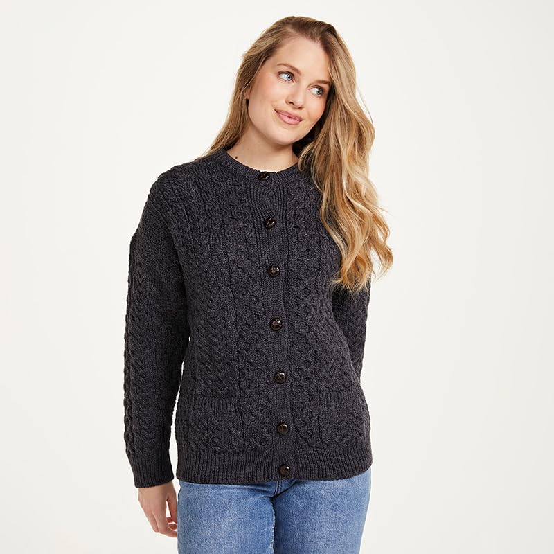 Image of Aran Woollen Mills Achill Women's Irish Cable Knit Aran Cardigan, 100% Merino Wool, Made in Ireland, Cream