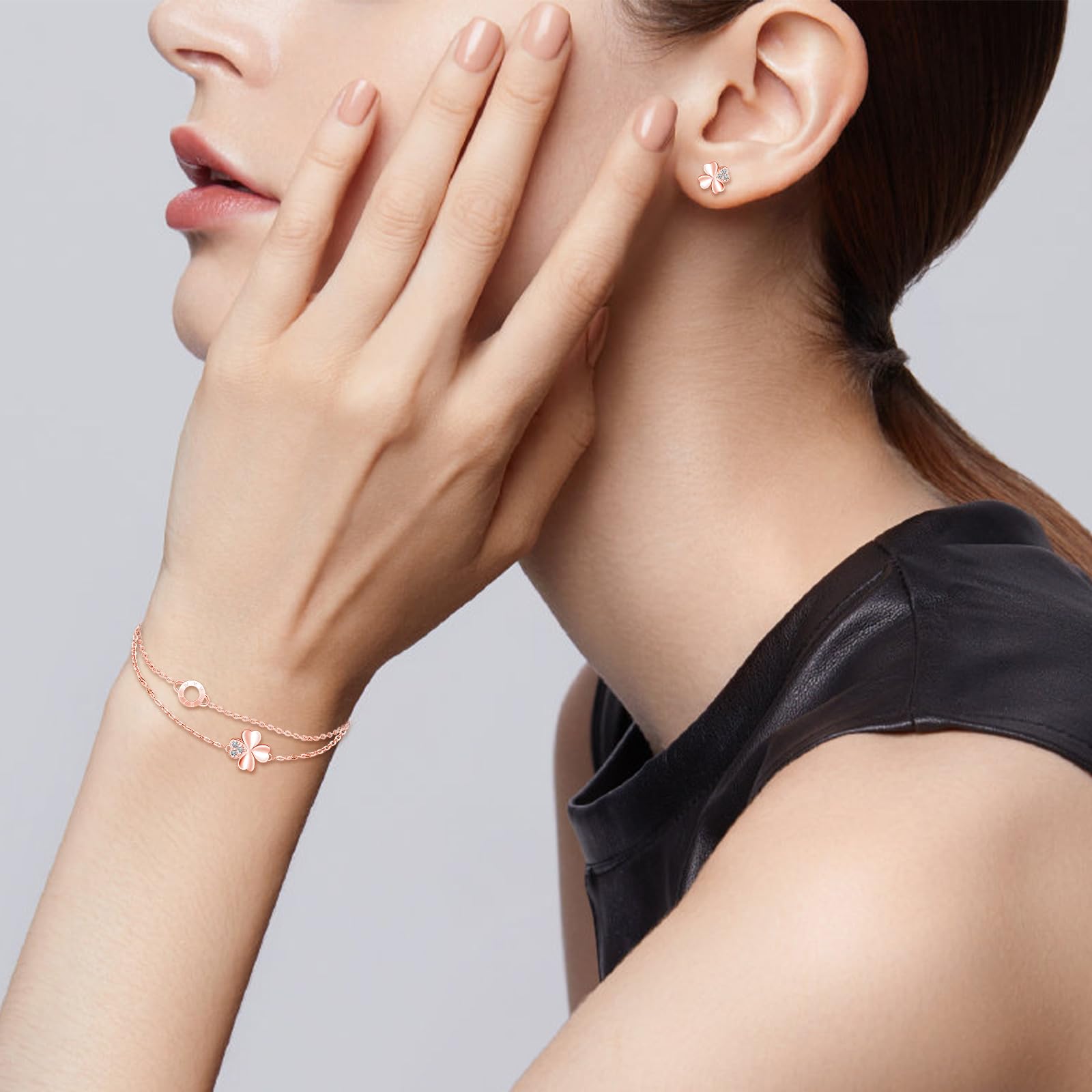 Juegos de 3 Collar Pendientes y Pulsera para Mujer y Niñas, Colgante Trébol con Cadena 45cm, Aretes Trébol Circonita, Pulsera Trébol Oro Rosa, Plata de Ley 925 Conjuntos Joyas