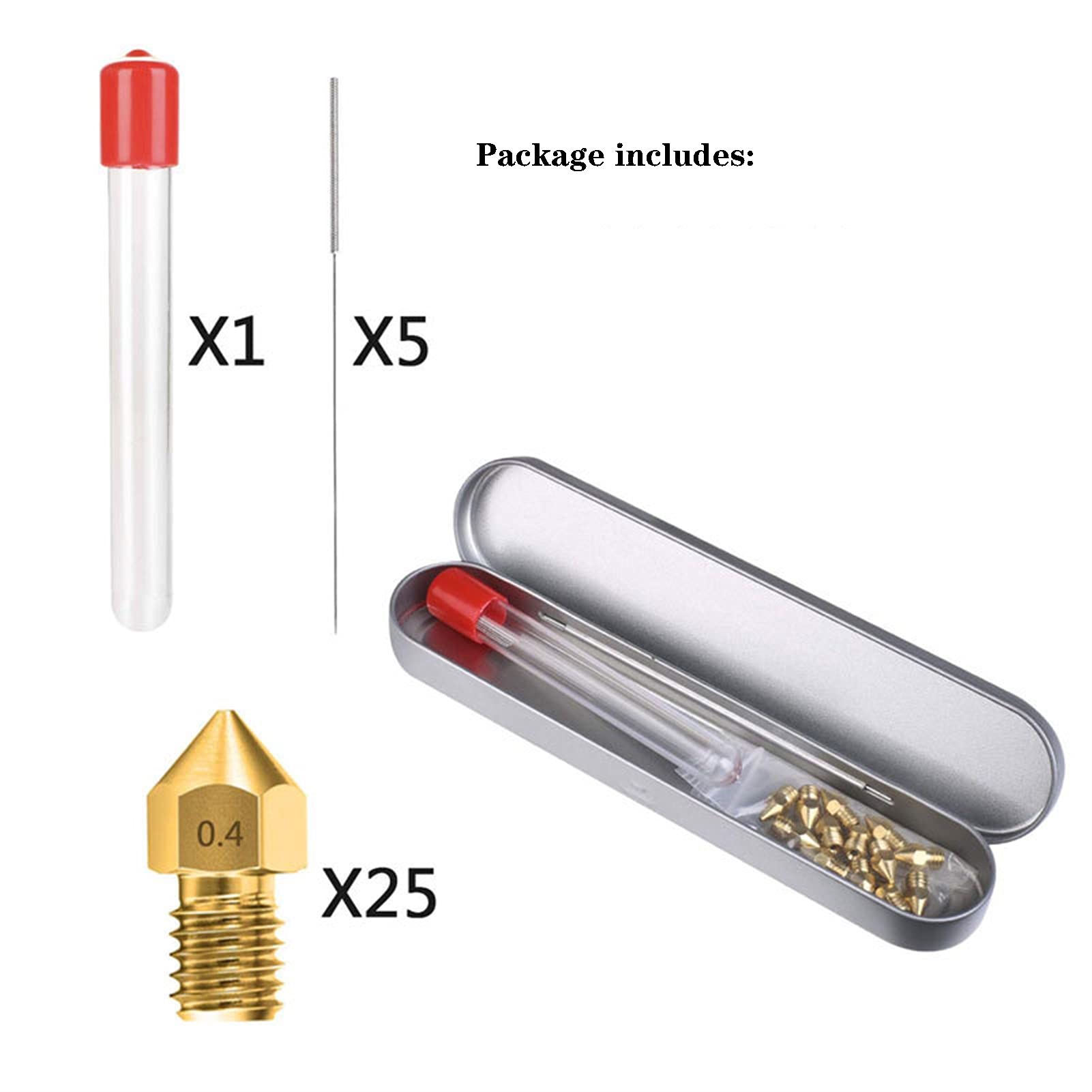 Ugello in Ottone, estrusore MK8, Filettatura M6, Materiali di consumo da 1,75 mm, con Scatola portaoggetti for Cintura e ago di Pulizia, Set da 31 Pezzi, Accessori for Stampante 3D