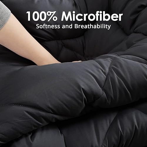 Miniatura 9 de JOLLYVOGUE Relleno de edredón tamaño matrimonial, color negro y gris claro, edredón acolchado con pestañas en las esquinas, edredón reversible de