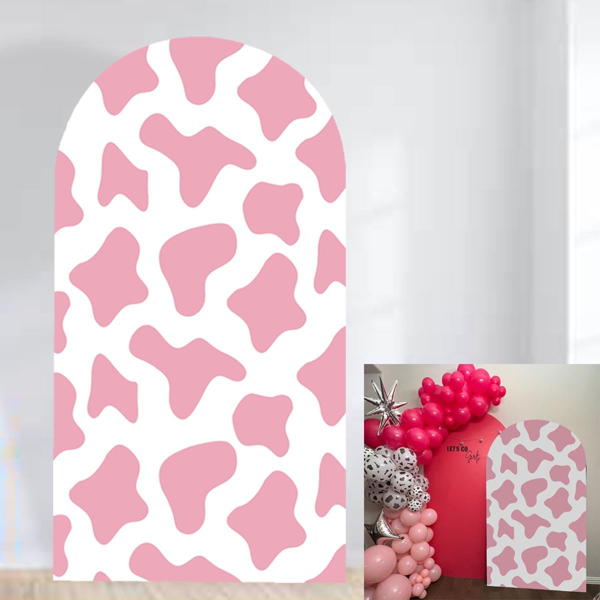 Pink Cow Arch Backdrop Cover Spandex Fitted Stretchy Fabric Arch Cover Baby Shower Birthday Kids (7.2FT)