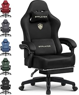 GTPLAYER Big and Tall Gaming Chair Fabric with Pocket Spring Cushion, High Back Ergonomic Computer Chair with Footrest for Adults Lumbar Support Swivel Game Chair for Office Gaming 350LBS, Black