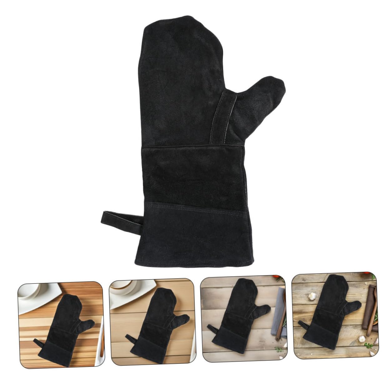 Guanti da Forno per Dita Neri 3 Pezzi in Pelle Bovina | Fodera in Cotone, Resistenti al Calore per Cucina e Stufa, Facili da Pulire