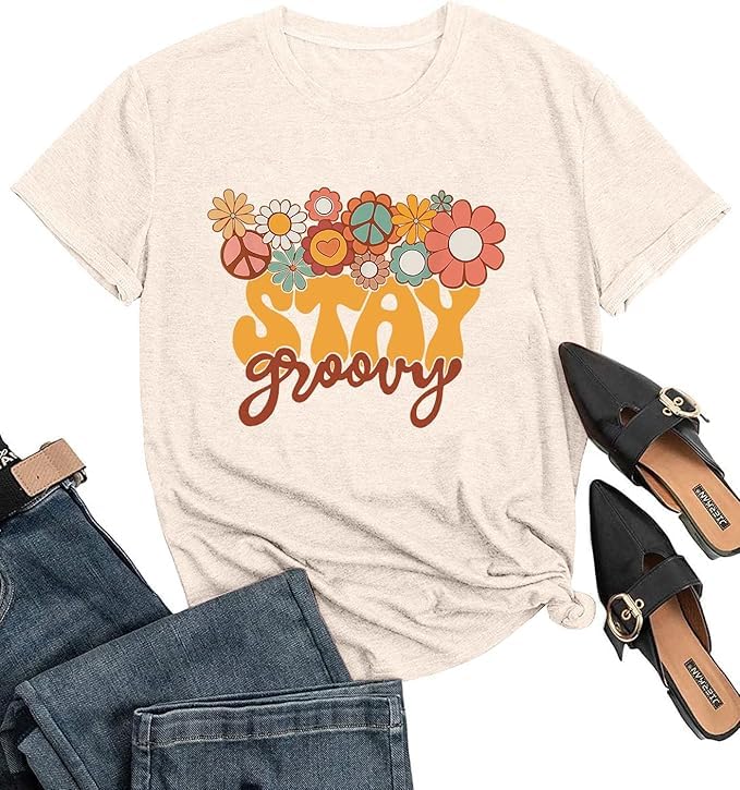Retro Stay Groovy Shirt Women Floral Graphic Tee Hippie Vintage 70s Disco Peace Casual Short Sleeve Top4