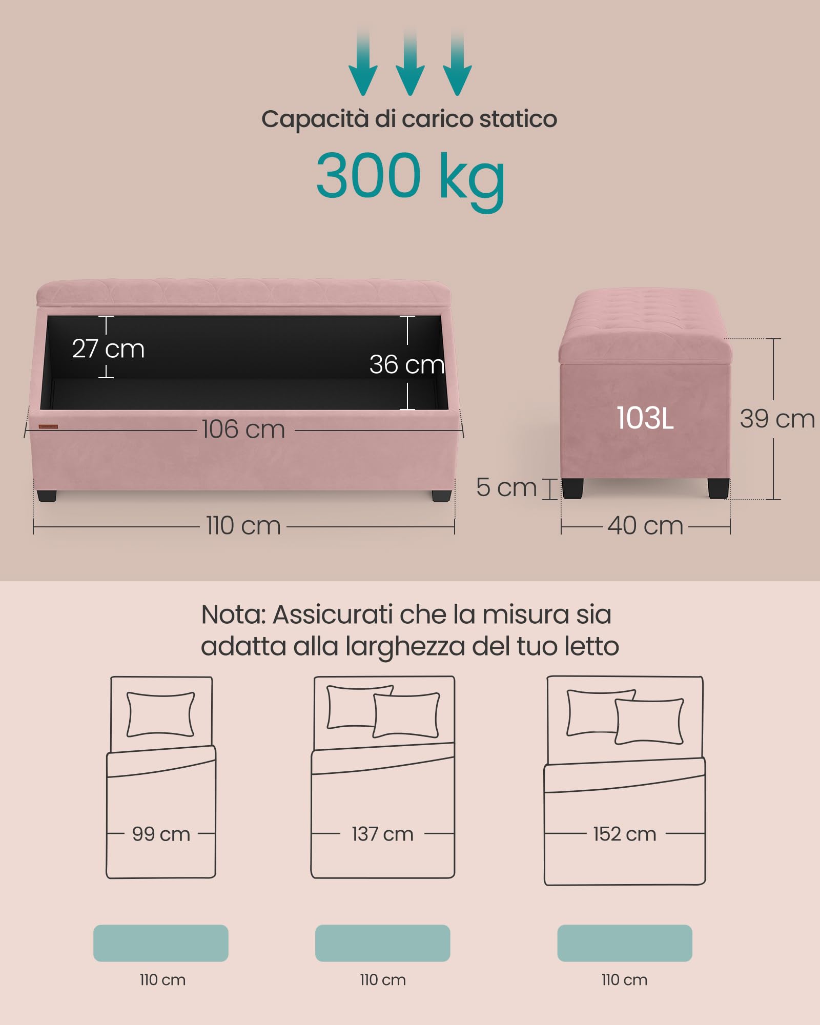 SONGMICS Cassapanca, Pouf Contenitore, Poggiapiedi 40 x 110 x 39 cm, Ottomano con Gambe in Legno, Regge fino a 300 kg, per Soggiorno, Camera da Letto, Dormitorio, Rosa Pastello LSF089R01