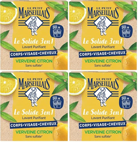 Le Petit Marseillais - Savon Solide Lavant Purifiant 3 en 1 Verveine Citron, Savon Solide Corps Visage Cheveux, 80g (Lot de 4)