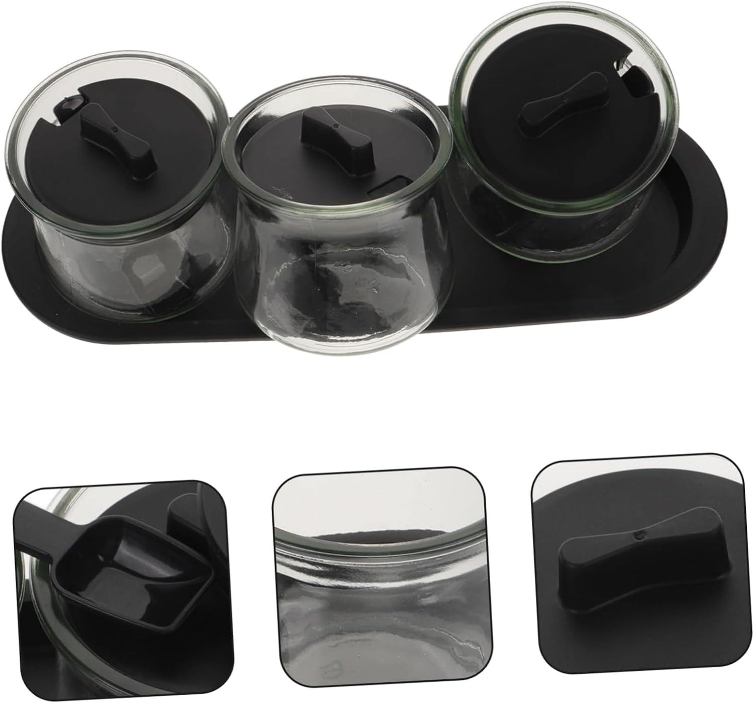Healifty 3Pcs Clear Glass Seasoning Jars with Spoons and Tray Soda Glass Condiment Containers for Salt Spices Sugar and Sauces Space Saving Kitchen Storage with Easy to Clean Design image 3