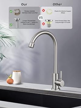 Cold Water Only Tap SUS304 Stainless Steel Tap for Kitchen Sink,Brushed Nickel Campervan Taps High Arc Single Handle (Brushed Nickel)