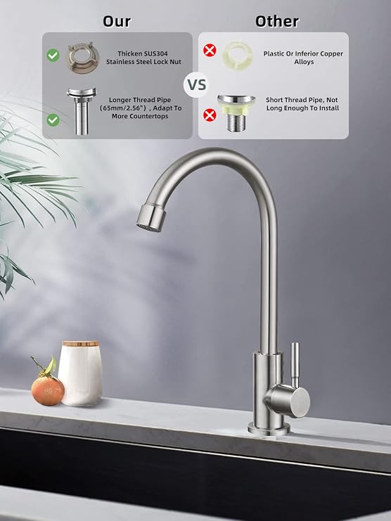 Cold Water Only Tap SUS304 Stainless Steel Tap for Kitchen Sink,Brushed Nickel Campervan Taps High Arc Single Handle (Brushed Nickel)