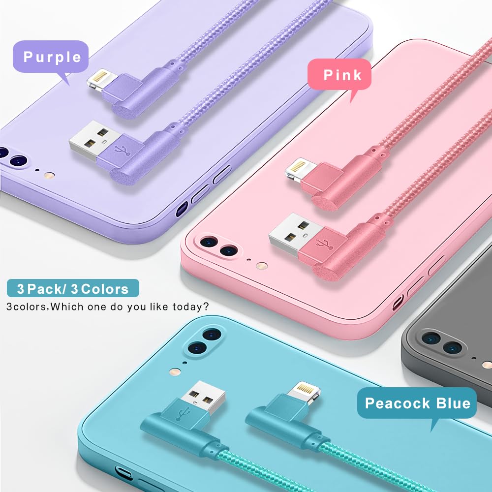 APFEN Cable Lightning para iPhone de 10 pies, paquete de 3 unidades de 90 grados de largo, cable de carga trenzado de nailon resistente, certificado MFi, compatible con iPhone 13/12/11/Pro/X/XS/XR/8/7