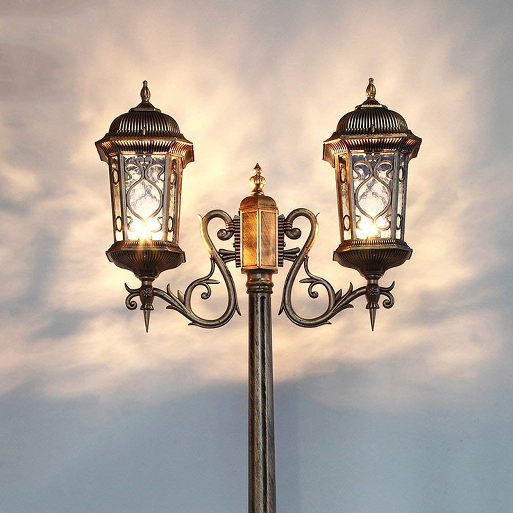 Europejska szklana latarnia na patio, oświetlenie zewnętrzne, wodoodporna, zabytkowa lampa drogowa, wysoki słup, balkon, trawnik, ogród, społeczność, LED, retro, trawnik,Bronze-210cm