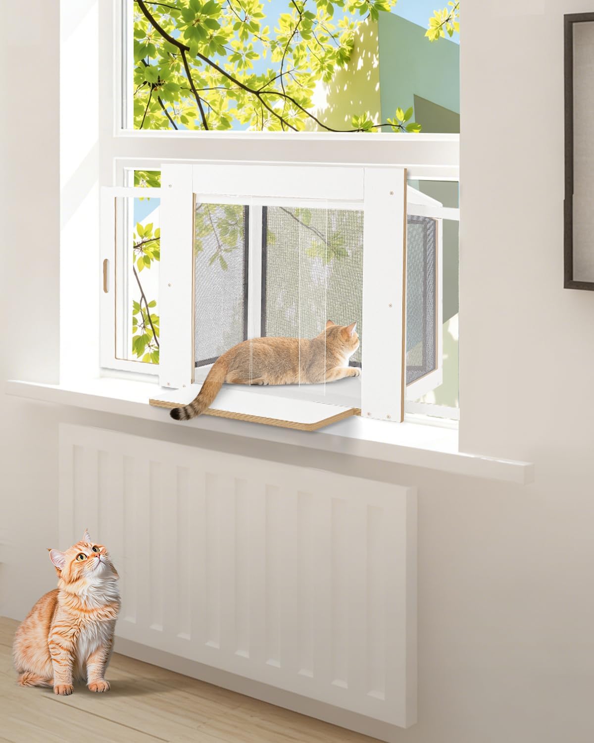 Cat Window Box, Wooden Outdoor Catio Window Enclosure with Clear Acrylic Roof & Bug-Proof Mesh, Universal Cat Window Perch with PVC Curtain for Sunbathing & Napping, Fits Vertical Windows 25"–43" W