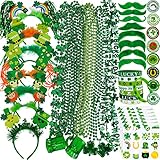 Winlyn 58 Pcs Bulk St. Patrick's Day Novelty Jewelry Assortment St. Pat's Party Favors Assorted Necklaces Head Boppers Bracelets Mustaches Tattoos Accessories fo Irish Party Decor