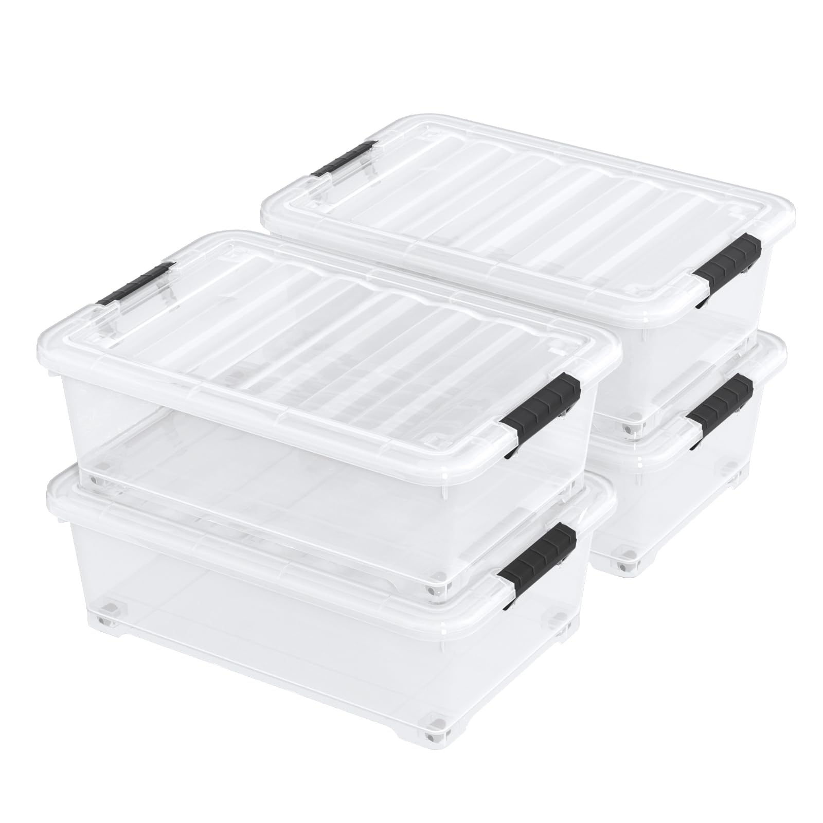 Haodehen 4 Packs 20 L Clear Plastic Underbed Storage Bins with Lids and Wheels, Under Bed Organizing Container