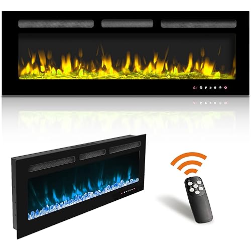 50 Inch Electric Fireplace Recessed Wall Mounted Fireplace Heater,5 Flame Settings 12 Flame Color with Remote Control Touch Screen Log and Crystal,750/1500W Heater
