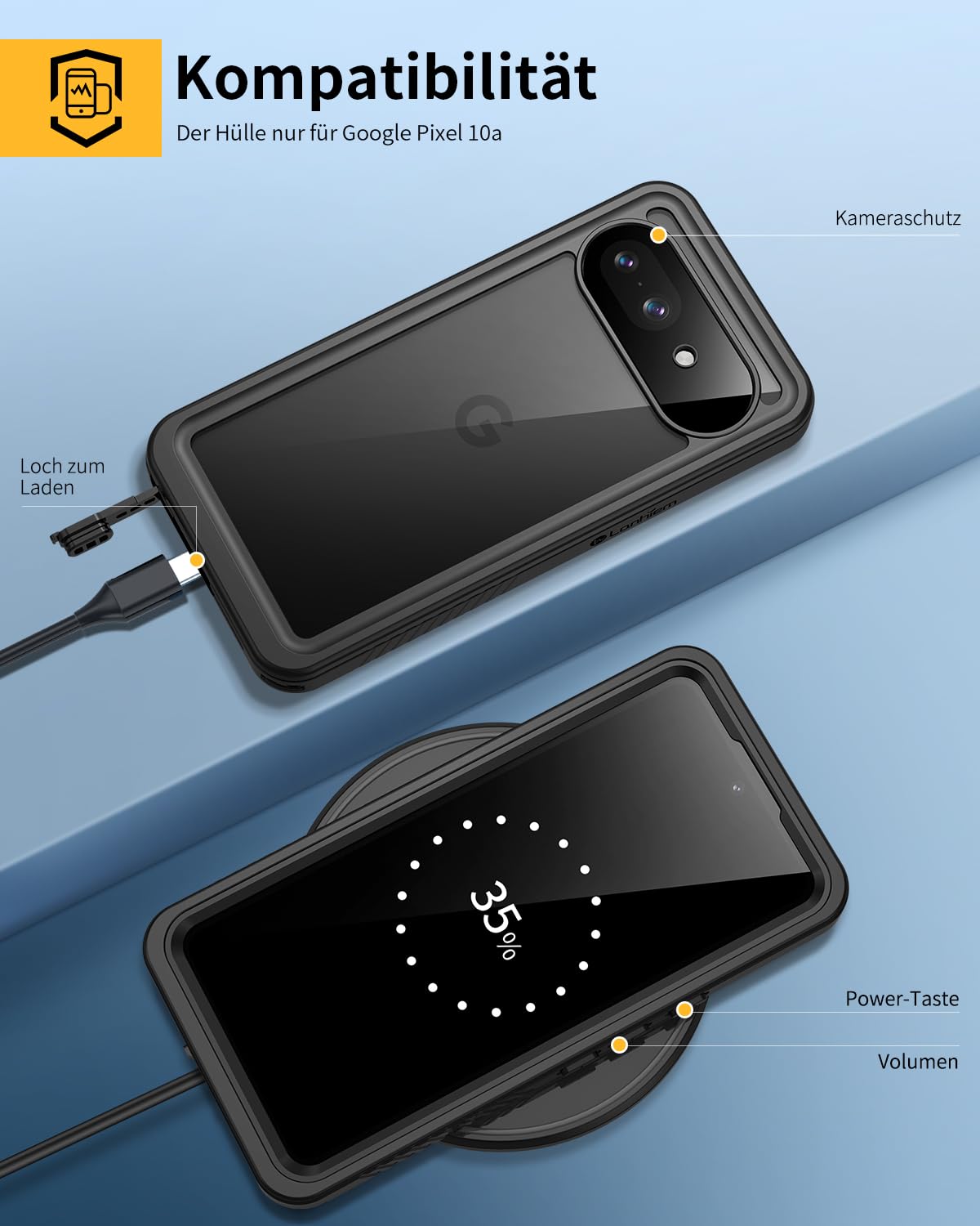 Lanhiem für Google Pixel 10A Hülle, IP68 Wasserdicht Handyhülle Google 10A 360 Grad Schutzhülle, Stoßfest Staubdicht Schneefest Outdoor Panzerhülle mit Eingebautem Displayschutz, Schwarz
