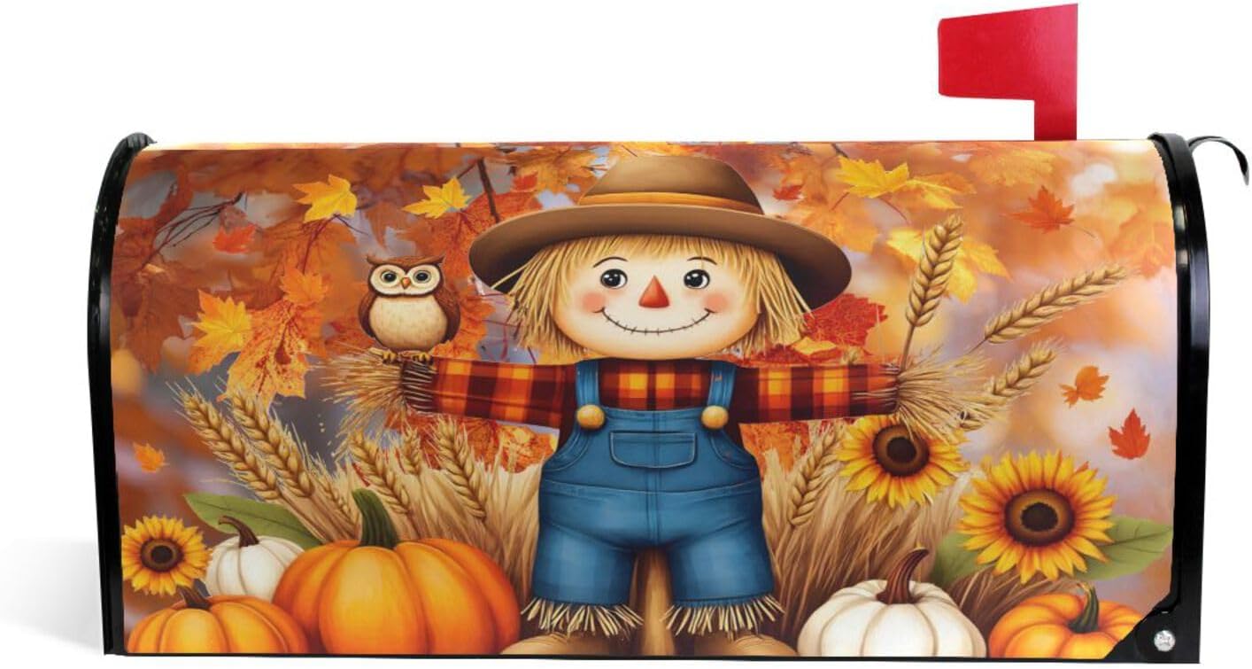 Aslsiy Mailbox Covers Scarecrow Owl Pumpkins Magnetic Mailbox Cover Autumn Maple Standard Size Post Box Cover Wraps Letter Box Decorative for Outside Garden Yard Home-18x20.7in
